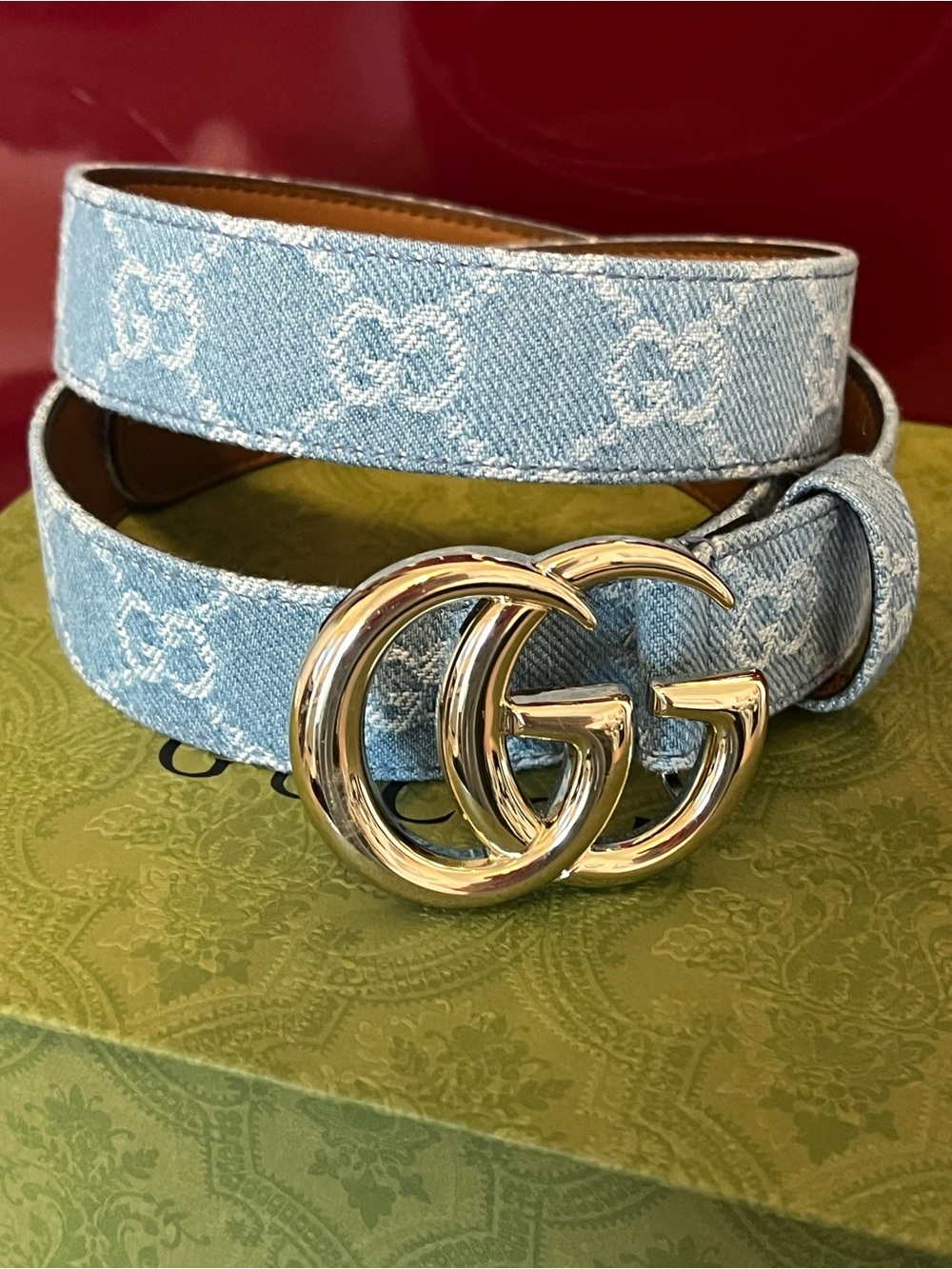 Gucci Light Blue GG Denim Double G Buckle Belt